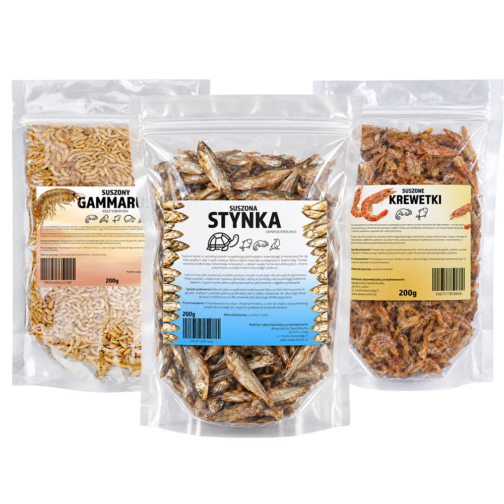 Suszony Mix dla Żółwi Gadów Wodnych 3x200g Gammarus Krewetki Stynka Pokarm